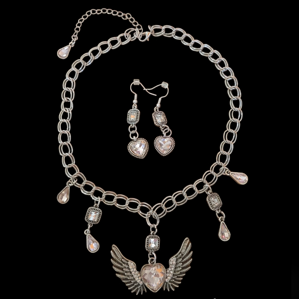 Pink Winged Heart Necklace with Matching Earrings